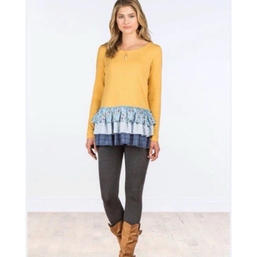 Matilda Jane Mustard Yellow Long Sleeve Top with Blue Ruffle Tiers